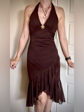 🤍Vintage Y2K Jodi Kristopher Dark Brown Ruffle Halter Prom Dress Midi S M